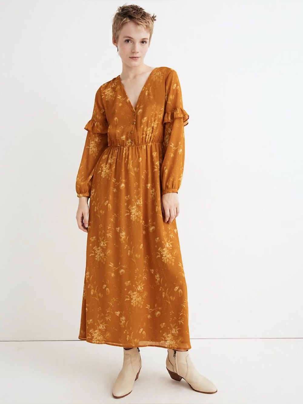 Madewell Ruffle Sleeve Button Front Tonal Botanical Dress Rich Amber 6